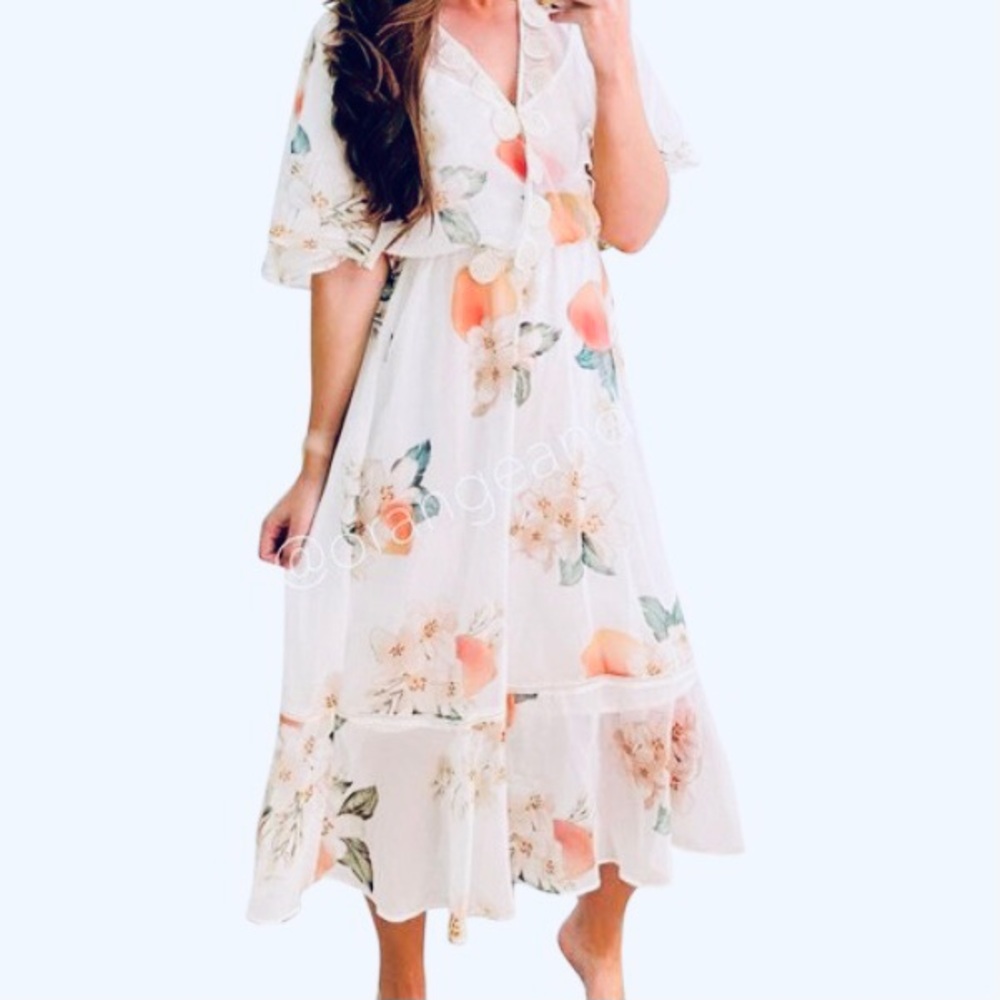 Farm Rio Georgia Peach Floral midi dress L